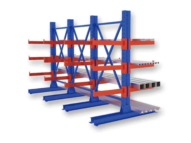 An image showing a double sided cantilevering racking storeing steel bars for reference